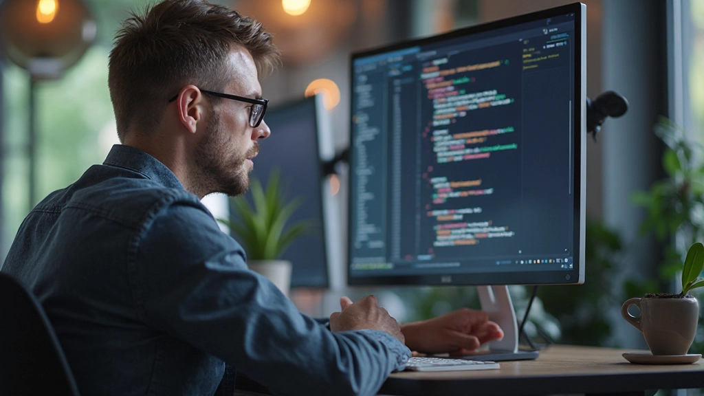 Designer examining CSS media query code and responsive grid layouts on monitor